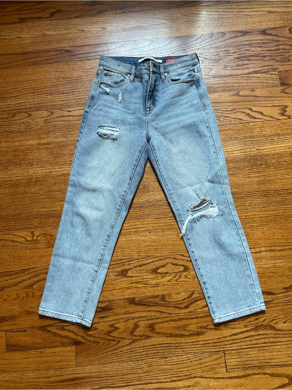 Celebrity Pink Blue Denim Jeans with Gold Accent Button